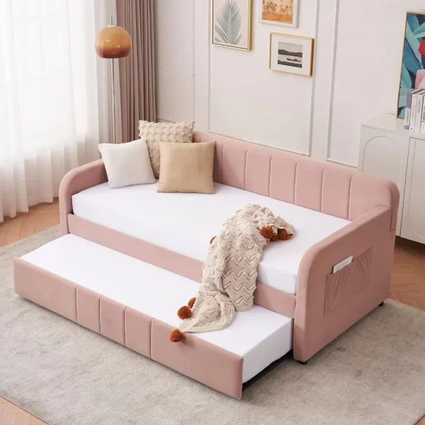 Twin Size Daybed with Trundle, Velvet Day Bed Frame with Side Pocket and USB Ports, No Box Spring Needed
