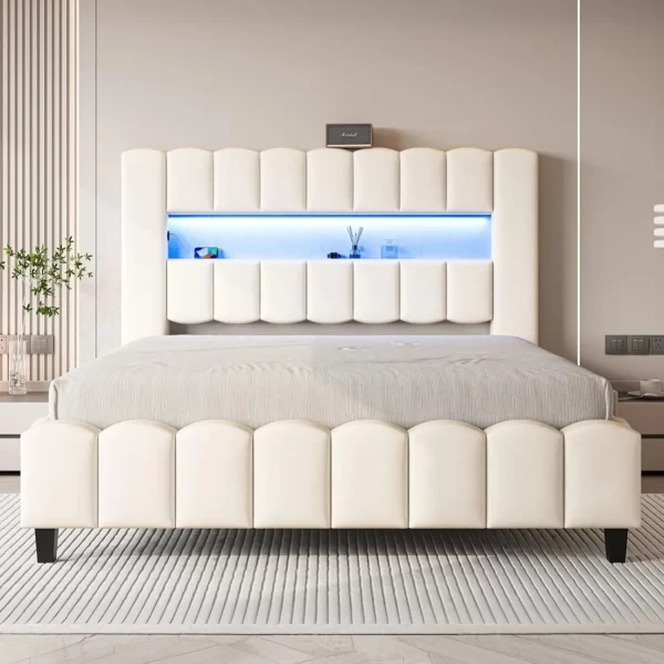 Bed Frame with LED Lights, Velvet Upholstered Platform Bed Frame with Charging Station and 51.2" Storage Headboard - Image 8