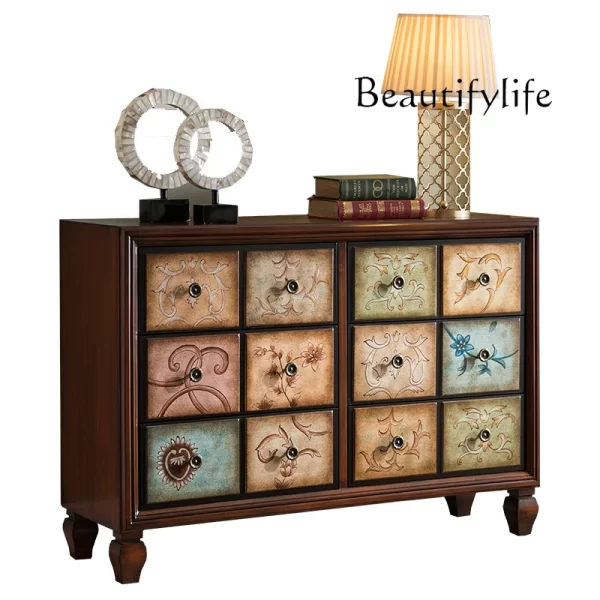 American painted solid wood multi-grid drawer cabinet household antique storage cabinet - Image 12