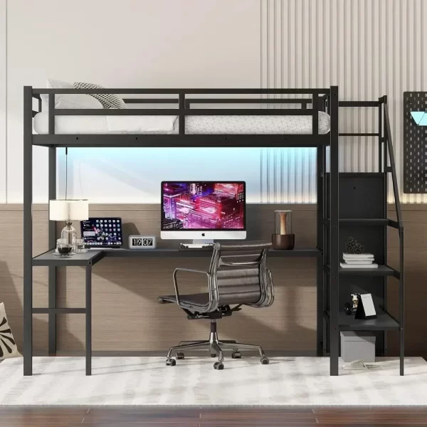 Full Size Loft Bed with Stairs and Desk, Metal Gaming Loft Bed with RGB LED Light, Heavy-duty Steel Loft Bed Frame with Storage - Image 4