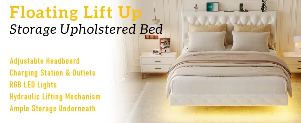 Lift Up Storage Bed Frame, with Adjustable Headboard/LED Lights/Charging Station/Outlet, Velvet Upholstered Tufted Platform Bed - Image 9