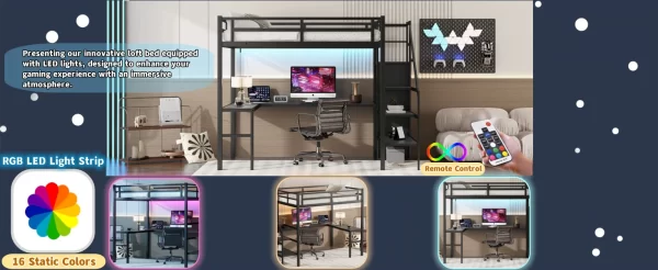 Gaming Loft Bed with L-Shaped Desk, LED and Charging Station, Metal Loft Bed with Wardrobe and Adjustable Shelf - Image 8