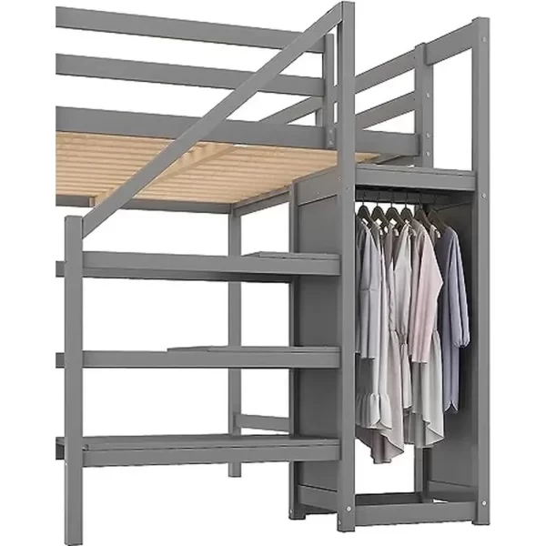 Full Size Loft Bed with Storage Wardrobe and Staircase High Load Capacity Wooden Loft Bed Frame Kids Girls Boys Bedroom Grey - Image 6