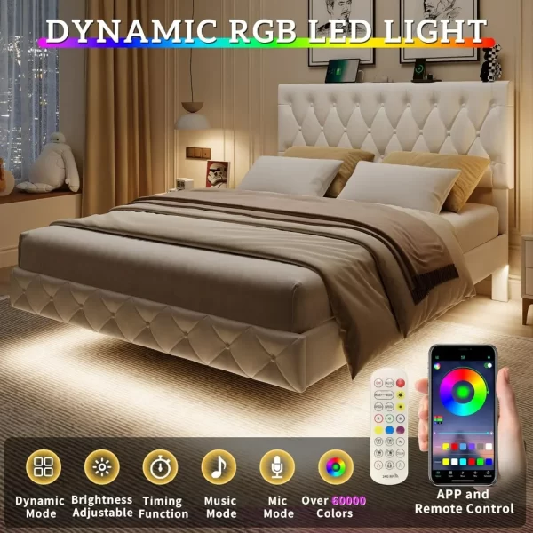 Lift Up Storage Bed Frame, with Adjustable Headboard/LED Lights/Charging Station/Outlet, Velvet Upholstered Tufted Platform Bed - Image 2