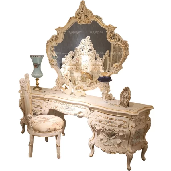 European court all solid wood carved makeup table French bedroom high-grade white painted vanity table combination