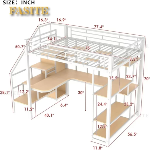 Full Size Loft Bed with Stairs and Desk, Metal Gaming Loft Bed with RGB LED Light, Heavy-duty Steel Loft Bed Frame with Storage - Image 10