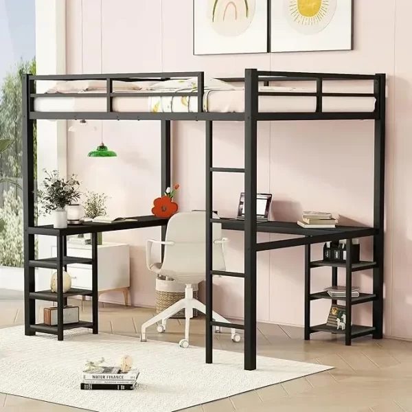 Full Size Loft Bed with Stairs and Desk, Metal Gaming Loft Bed with RGB LED Light, Heavy-duty Steel Loft Bed Frame with Storage - Image 9