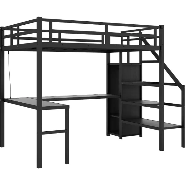 Gaming Loft Bed with L-Shaped Desk, LED and Charging Station, Metal Loft Bed with Wardrobe and Adjustable Shelf - Image 6