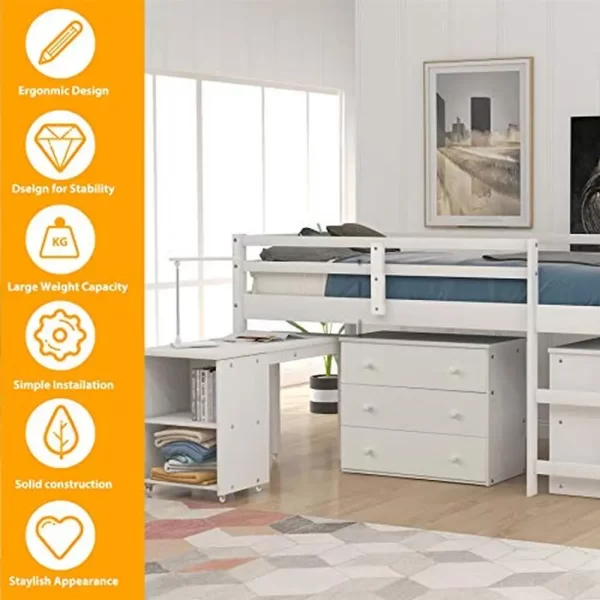 Twin Loft Bed Desk Storage Cabinet Rolling Desk Kids Teenagers Functional Aesthetic Bunk Bed White Durable Portable Guardrails - Image 18