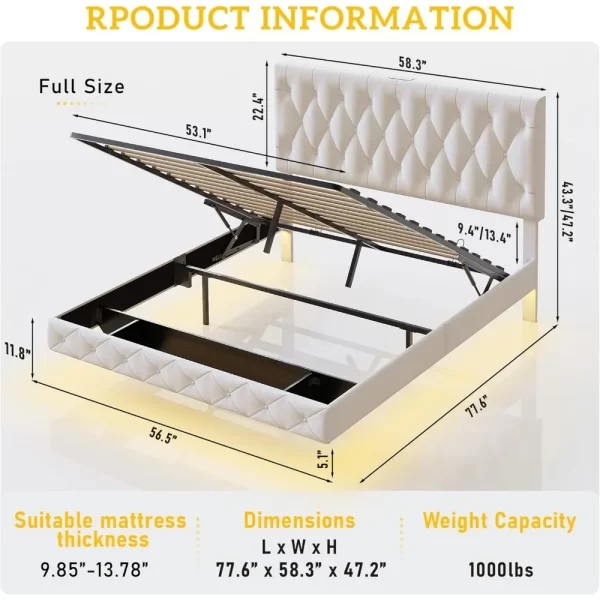 Lift Up Storage Bed Frame, with Adjustable Headboard/LED Lights/Charging Station/Outlet, Velvet Upholstered Tufted Platform Bed - Image 4