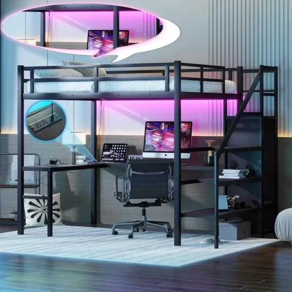 Gaming Loft Bed with L-Shaped Desk, LED and Charging Station, Metal Loft Bed with Wardrobe and Adjustable Shelf