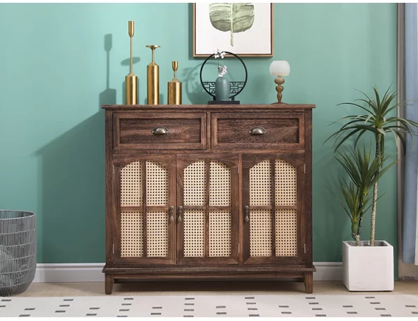 New Chinese-style solid wood dining side cabinet integrated against the wall, retro tea cabinet entry rattan storage cabinet, li - Image 24