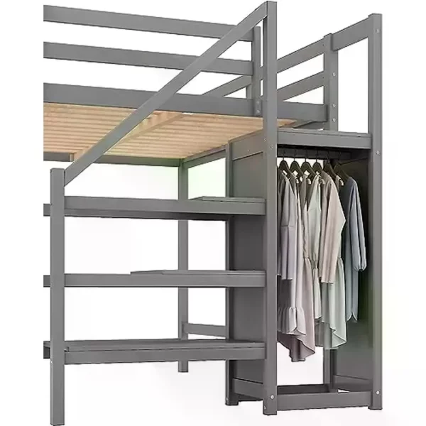 Full Size Loft Bed with Storage Wardrobe and Staircase High Load Capacity Wooden Loft Bed Frame Kids Girls Boys Bedroom Grey - Image 21