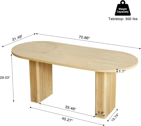 70.8 Inch Kitchen Dining Table for 4-6 People, Oval Kitchen Table with Wood Strip Base, Farmhouse Large Round Dining Room Tables - Image 2