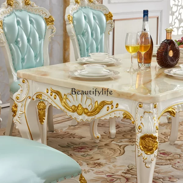 European dining table solid wood marble surface gold painted square dining table villa set - Image 4