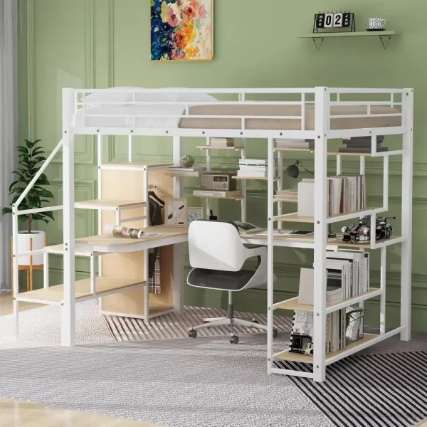Full Size Loft Bed with Stairs and Desk, Metal Gaming Loft Bed with RGB LED Light, Heavy-duty Steel Loft Bed Frame with Storage - Image 7