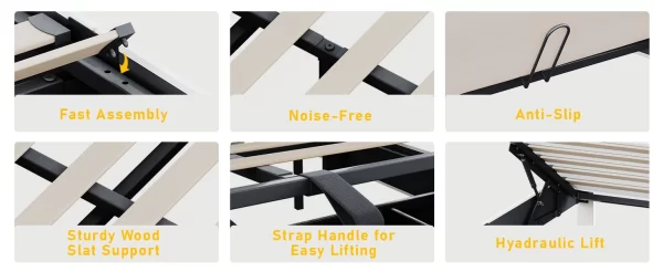 Lift Up Storage Bed Frame, with Adjustable Headboard/LED Lights/Charging Station/Outlet, Velvet Upholstered Tufted Platform Bed - Image 13