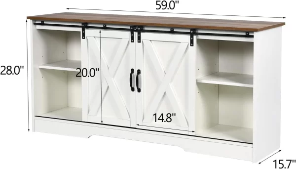 White TV Stand for 65 inch TV for Living Room, Modern Farmhouse Barn Door TV Stand with Storage Cabinets and Adjustable Shelves - Image 2