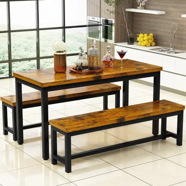 Restaurant dining table set, kitchen set with 2 benches 43.3x23.6x28.5 inches, bench 38.5x11.8x17.5 industrial brown - Image 10