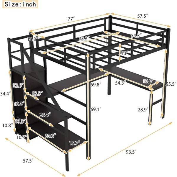 Gaming Loft Bed with L-Shaped Desk, LED and Charging Station, Metal Loft Bed with Wardrobe and Adjustable Shelf - Image 3