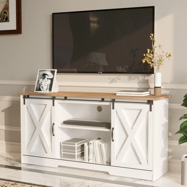 White TV Stand for 65 inch TV for Living Room, Modern Farmhouse Barn Door TV Stand with Storage Cabinets and Adjustable Shelves - Image 4