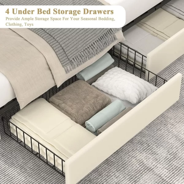 bed.Full Size Upholstered Platform Bed Frame with 4 Storage Drawers, Adjustable Velvet Rivets Headboard, Wooden Slats Support - Image 4