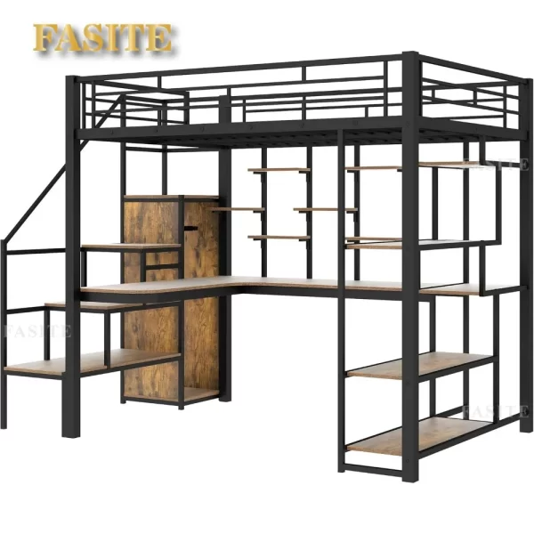 Full Size Loft Bed with Stairs and Desk, Metal Gaming Loft Bed with RGB LED Light, Heavy-duty Steel Loft Bed Frame with Storage - Image 13