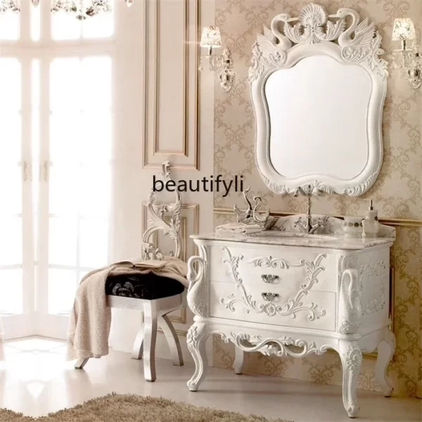 A European-Style Bathroom Cabinet Wash Basin Antique Marble Countertop Oak Carved Bathroom Table - Image 2