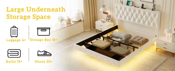 Lift Up Storage Bed Frame, with Adjustable Headboard/LED Lights/Charging Station/Outlet, Velvet Upholstered Tufted Platform Bed - Image 12