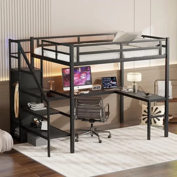 Gaming Loft Bed with L-Shaped Desk, LED and Charging Station, Metal Loft Bed with Wardrobe and Adjustable Shelf - Image 4