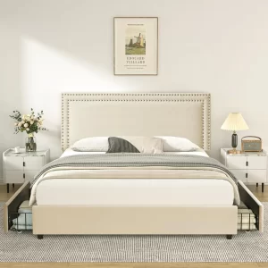bed.Full Size Upholstered Platform Bed Frame with 4 Storage Drawers, Adjustable Velvet Rivets Headboard, Wooden Slats Support