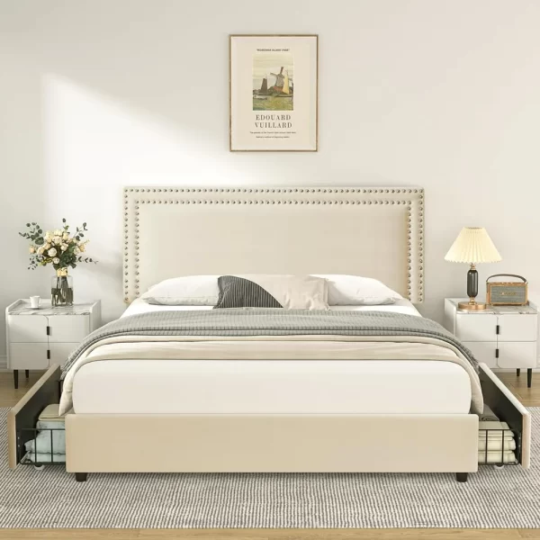 bed.Full Size Upholstered Platform Bed Frame with 4 Storage Drawers, Adjustable Velvet Rivets Headboard, Wooden Slats Support