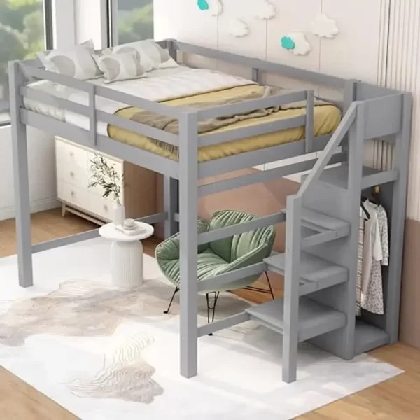 Full Size Loft Bed with Storage Wardrobe and Staircase High Load Capacity Wooden Loft Bed Frame Kids Girls Boys Bedroom Grey - Image 4