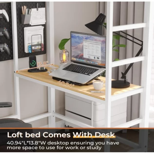 Loft Bed Twin Size with Desk and Charging Station Metal Loft Bed with Led Lights,Storage Shelves and Drawers Twin Size Bed - Image 6