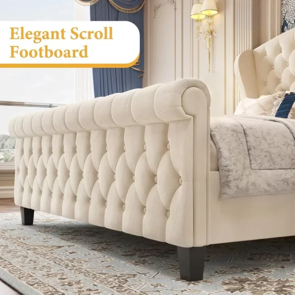Queen Platform Bed Frame, 52.5" Tall Velvet Upholstered Sleigh Beds with Scroll Wingback Headboard & Footboard, Queen Bed Frame - Image 3
