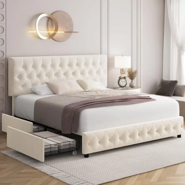 Modern Upholstered Bed Frame with 4 Storage Drawers, Button Tufted Headboard Design, Solid Wooden Slat Support, Easy Assembly - Image 8