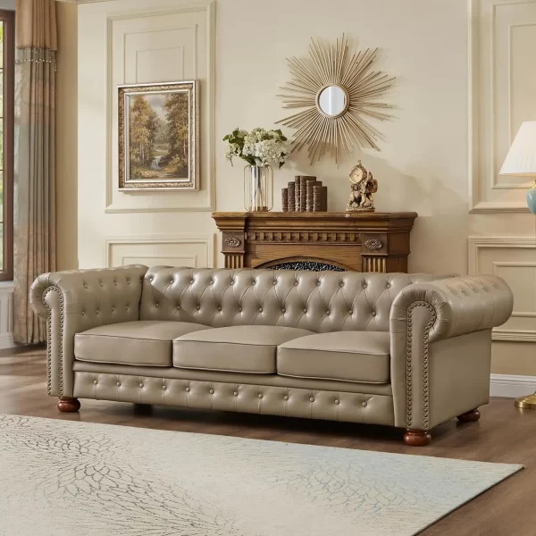 Chesterfield Sofa, 89" Faux Leather Sofa, Upholstered Sofa, Low Back, Rolled Arms Nailhead Trim, Classic 3 Seater Sofa - Image 10