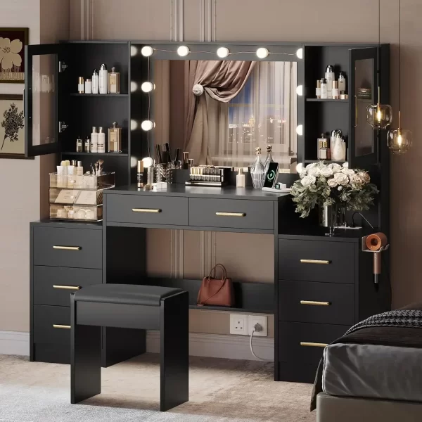 58.3" Vanity Desk with Mirror & Lights, Makeup Vanity with 10 LED Lights, 8 Metal Sliding Drawers & 2 Cabinets, White Vanity Set - Image 7