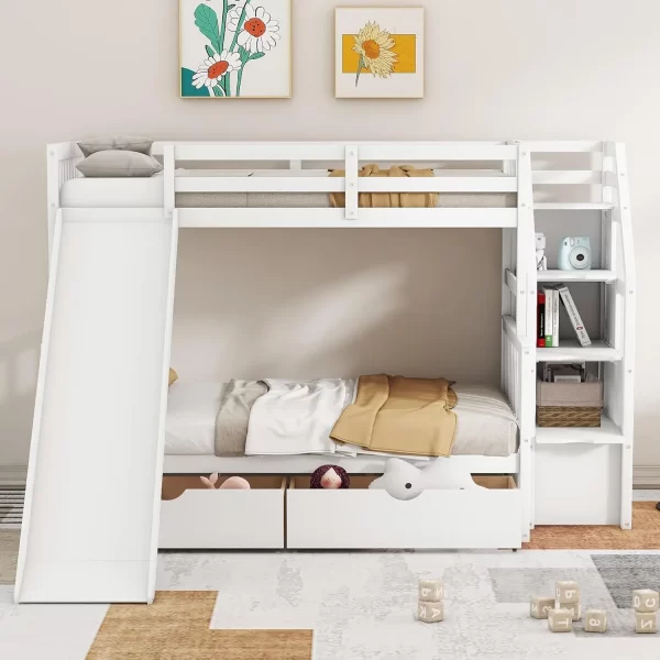 Twin Over Full Bunk Beds with Stairs, Wood Bunk Bed with Storage and Guard Rails,Bunk Beds Twin Over Full Size for Kids, Bedroom - Image 11