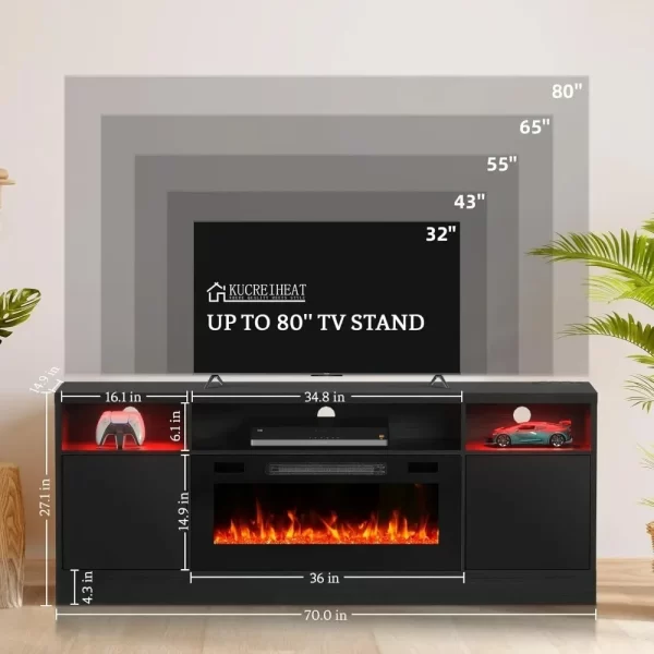 70'' TV Stand, 36'' Fireplace-LED Light Entertainment Center for 75 Inch TV Black TV Cabinet with Storage, Modern TVs Console - Image 2