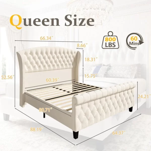 Queen Platform Bed Frame, 52.5" Tall Velvet Upholstered Sleigh Beds with Scroll Wingback Headboard & Footboard, Queen Bed Frame - Image 2