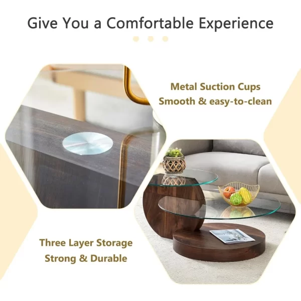 Glass Coffee Table, Modern Round Tempered Glass Coffee Tables for Living Room, 3-Tier Circle Walnut Coffee Table with Storage - Image 5