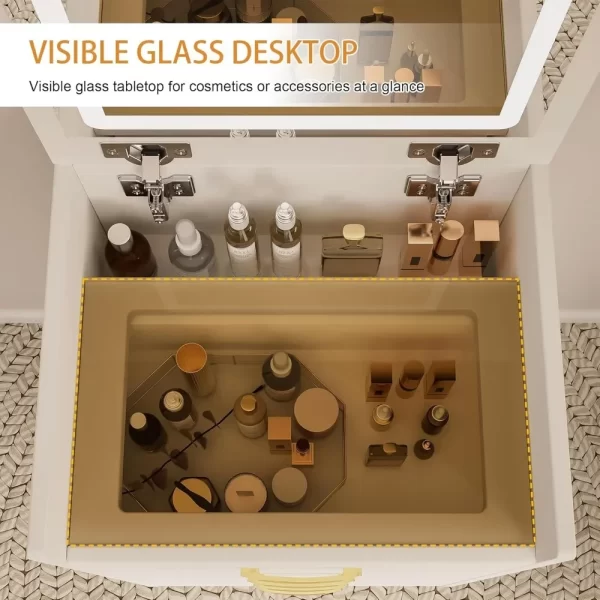 3 in 1 Vanity Desk with Plip Top Mirror and Lights,Compact Vanity Set with Visible Glass Desktop,Small Makeup Vanity Table - Image 4