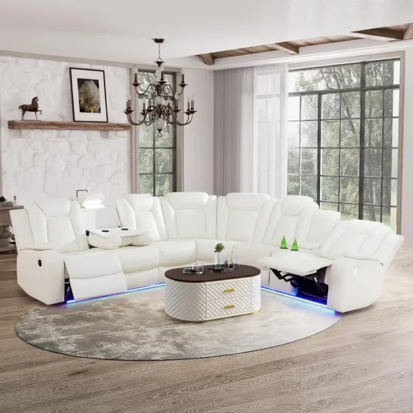 Sofa Living Room, Power Reclining Sectional Sofa USB Chargers And Storage Console, Leather Recliner Sofa For Living Room Set