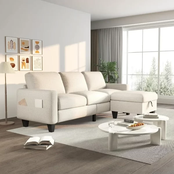 Modular sofa, Beige linen modern 3 seater L shaped upholstered furniture, Reversible footrest with storage and pockets - Image 2