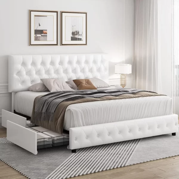 Modern Upholstered Bed Frame with 4 Storage Drawers, Button Tufted Headboard Design, Solid Wooden Slat Support, Easy Assembly - Image 7