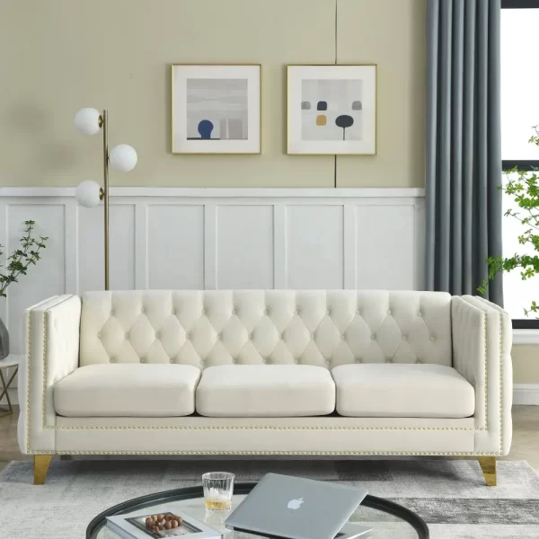 Modern Beige Velvet Sofa with Metal Legs - 3D Modeling Available! - Image 4