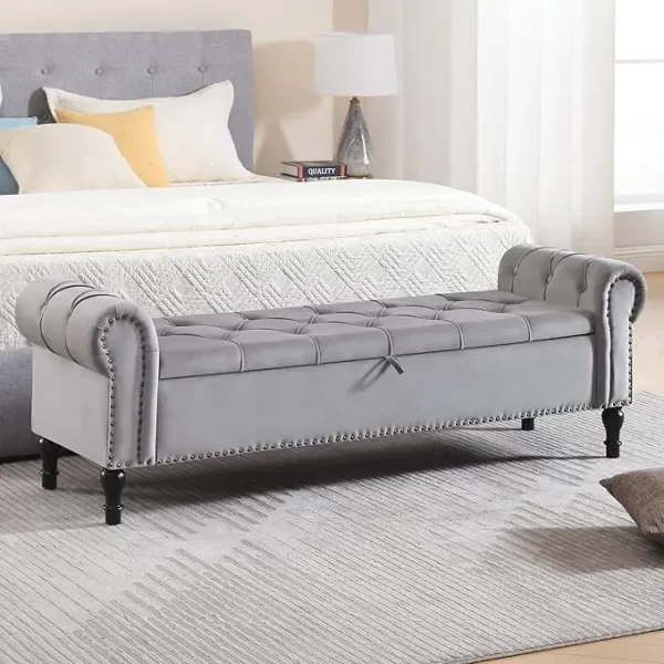 Leather Storage Bench 67 Inch Upholstered Tufted Ottoman Bench with Arms King Size End of Bed Bench for Bedroom Living Room Entr - Image 10