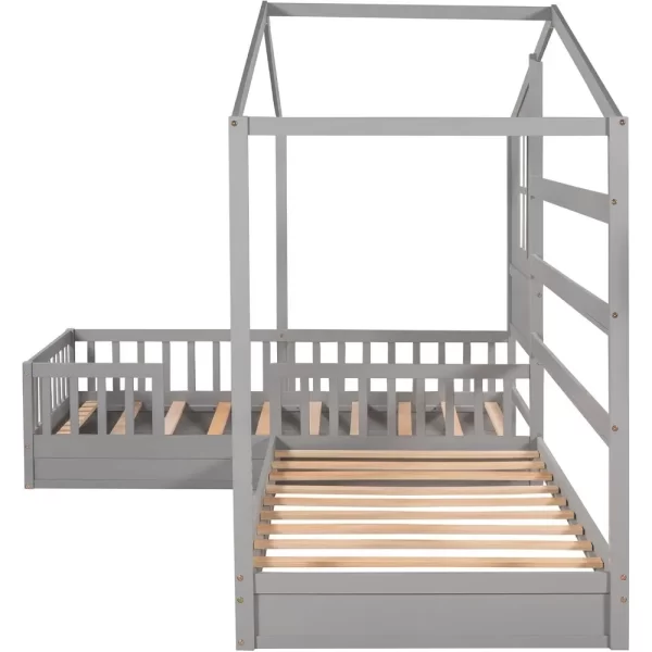 Solid Wood Twin Platform Beds Frame for 2 People, L Shaped Bed Frame with Roof, Twin Corner Bed House Beds for Kids - Image 5