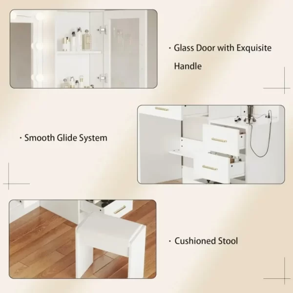 58.3" Vanity Desk with Mirror & Lights, Makeup Vanity with 10 LED Lights, 8 Metal Sliding Drawers & 2 Cabinets, White Vanity Set - Image 4